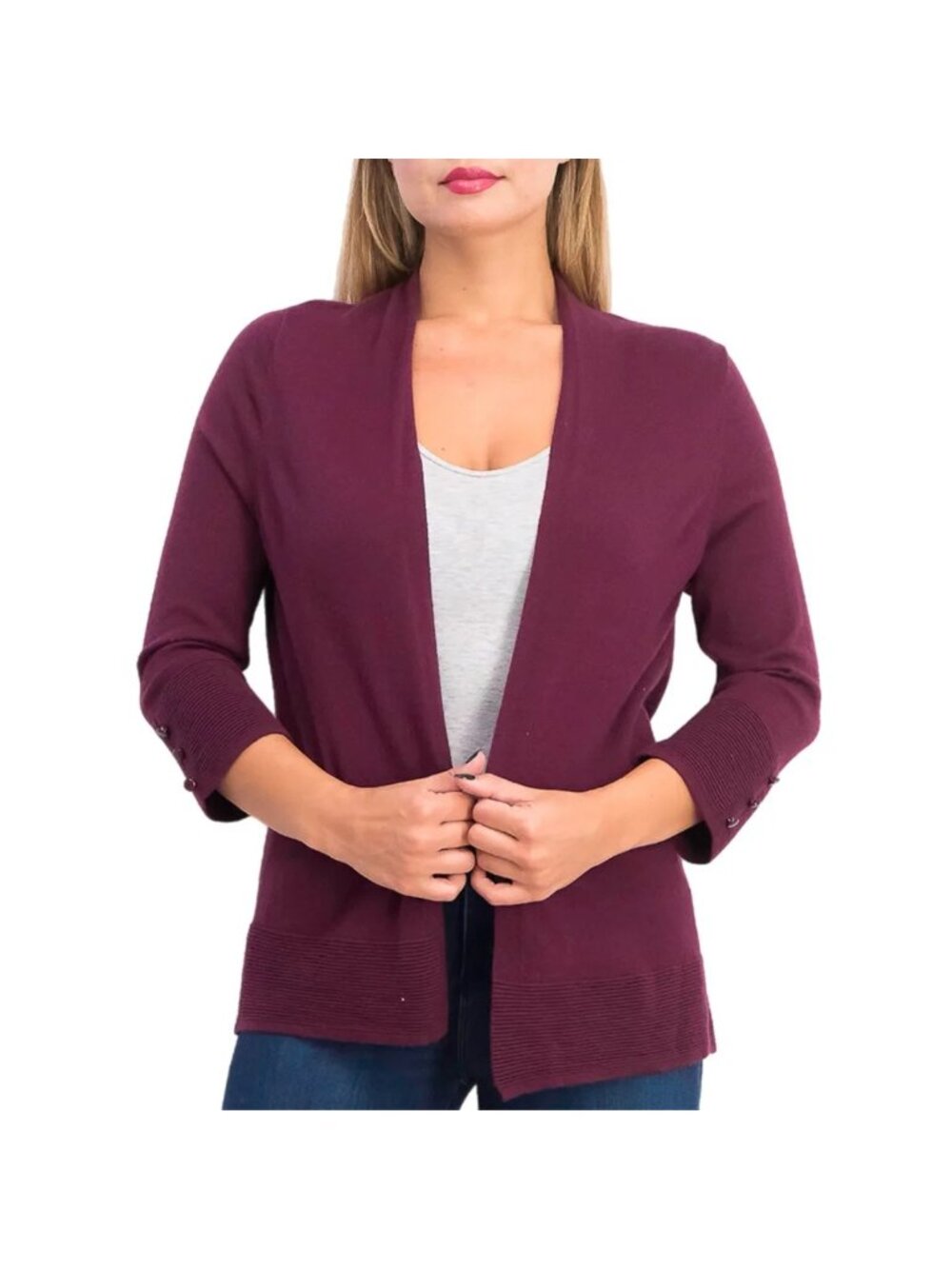 Evolution By Cyrus Myna Cardigan XS Open Front Button Sleeve Burgundy Knit NEW